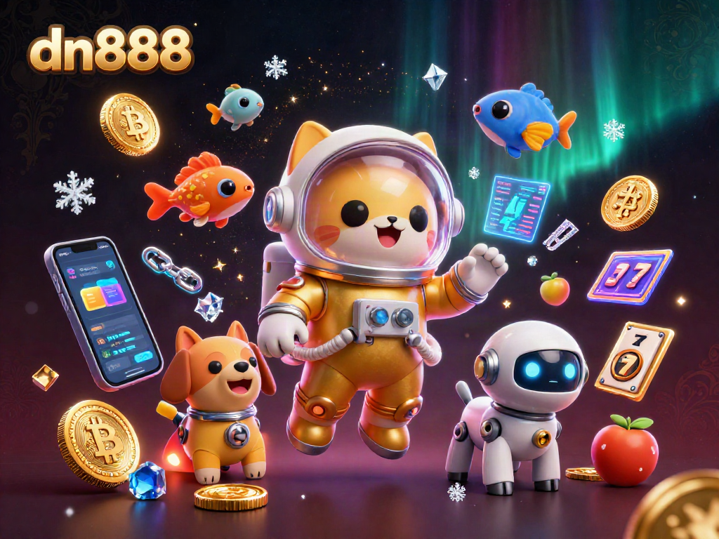 Engage with the dn888 space casino adventure through thrilling slot gameplay with astronaut cat and robot dog amidst crypto elements.