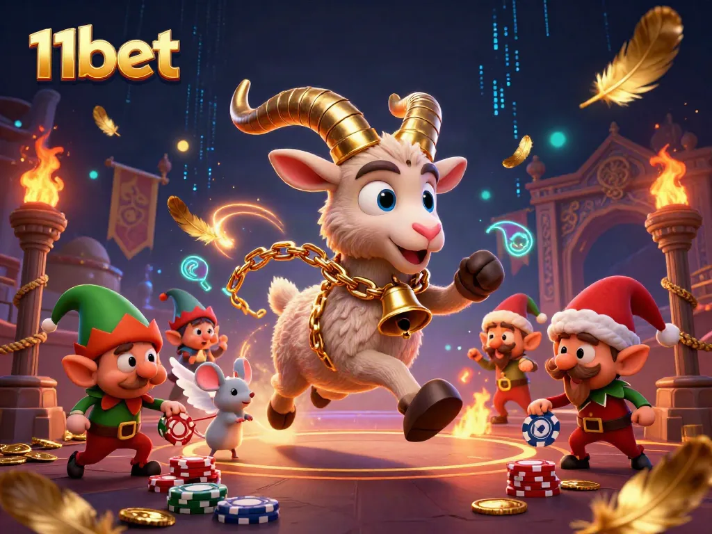 Experience thrilling 11bet casino action with a Krampus, mouse, and gremlins in a vibrant scene.