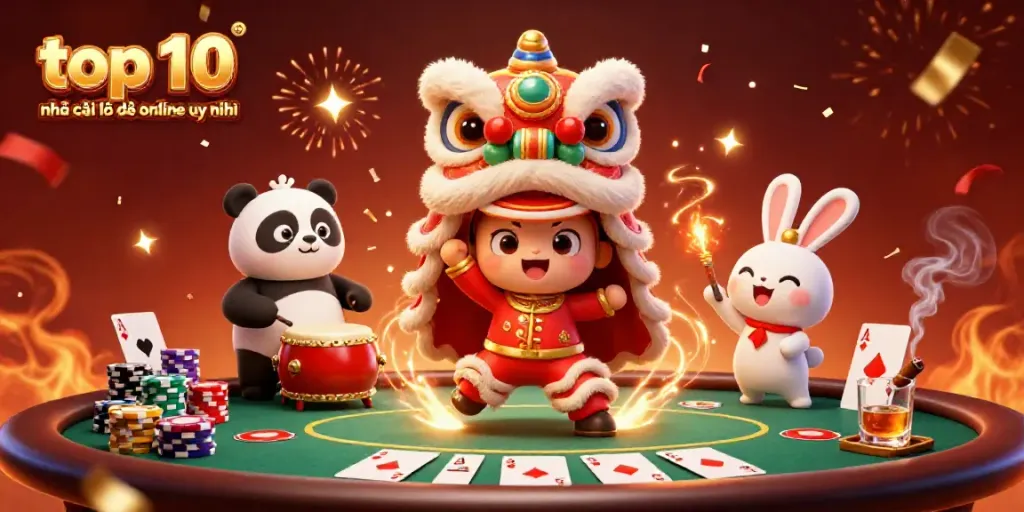 Experience the excitement of top 10 nhà cái lô đề online uy tín with vibrant casino elements and festive characters.