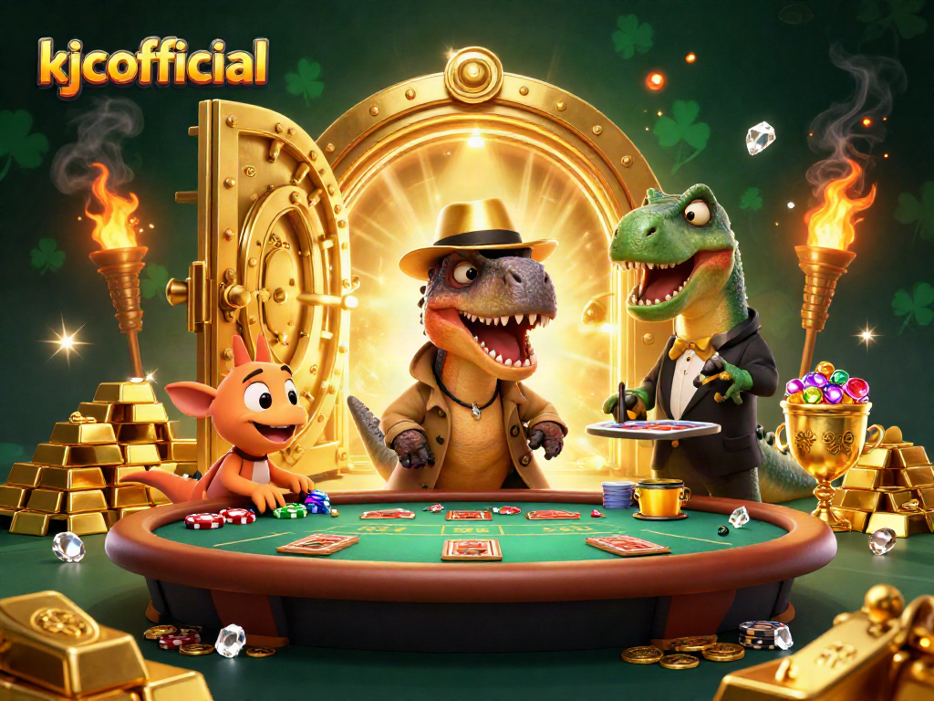 KJCOFFICIAL showcases a thrilling casino scene with a velociraptor and a stegosaurus in dynamic play.