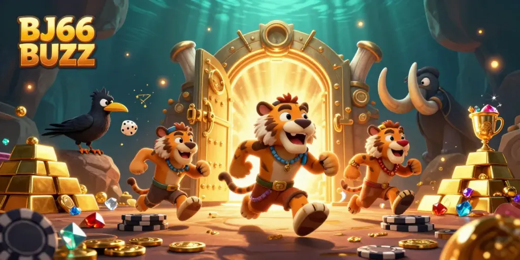 Experience the thrill of BJ66 BUZZ in a vibrant prehistoric casino scene filled with treasures.