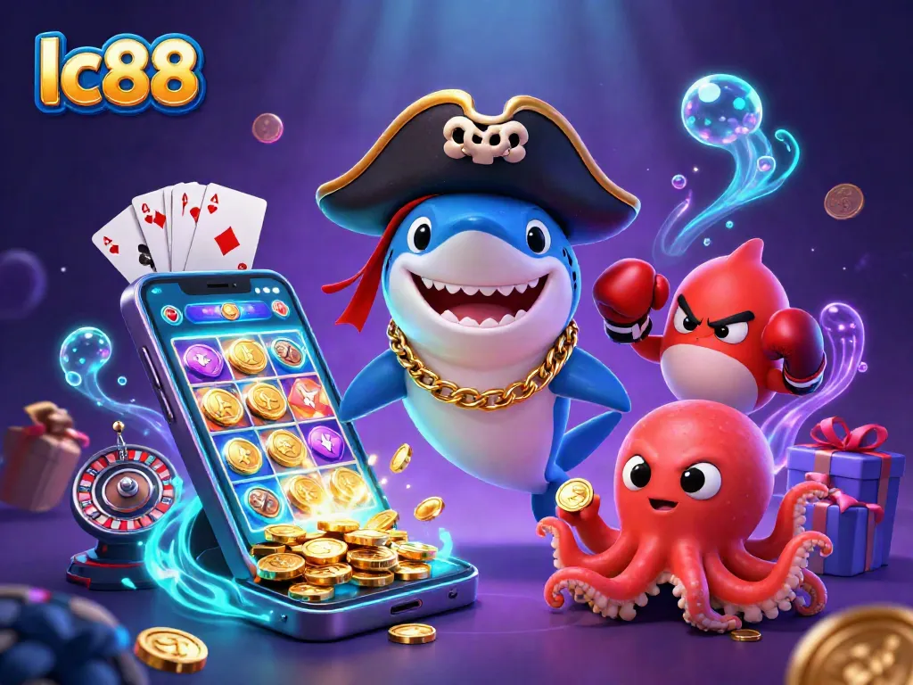 Engage with exciting LC88 gaming adventures led by a pirate shark, showcasing vibrant casino elements.