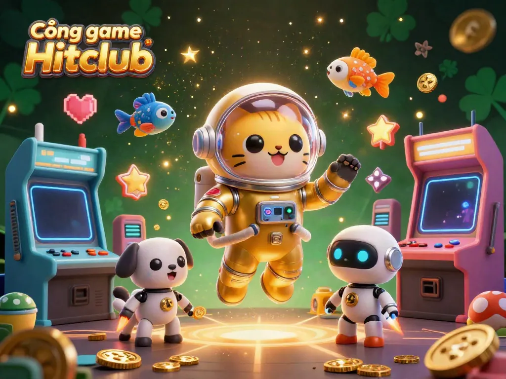 Experience Cổng game Hitclub in this vibrant 3D scene with an astronaut cat and a robot dog amidst golden cosmic elements.