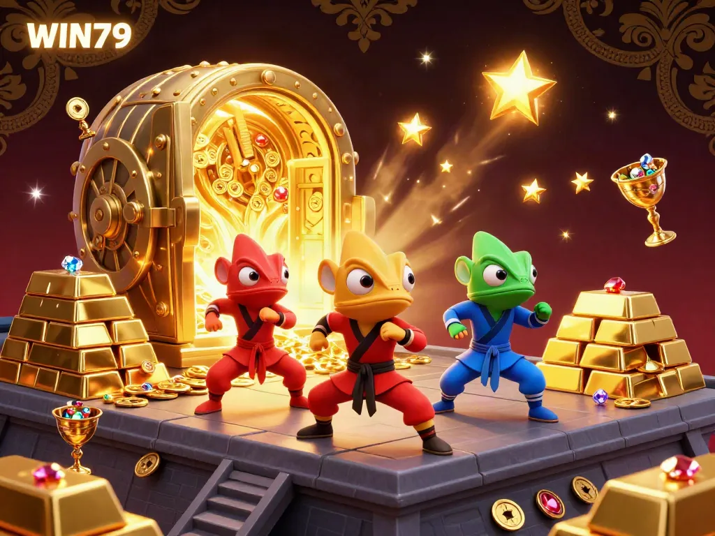 Experience the excitement of WIN79 with chameleon ninjas amidst treasure and gems in a captivating 3D illustration.