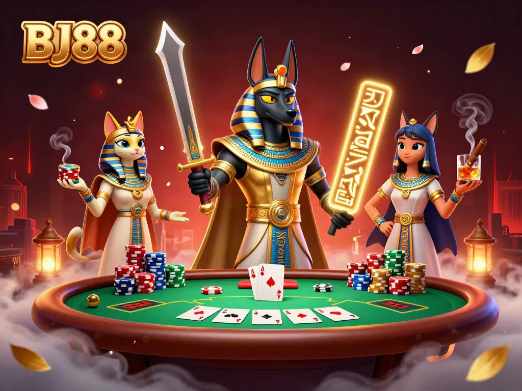 BJ88 invites players to an epic casino adventure with Anubis and Bastet in a vibrant poker scene.