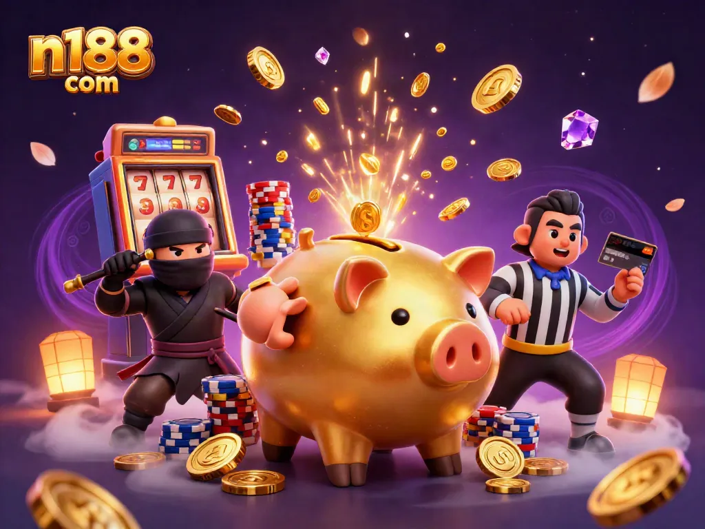 Experience thrilling gaming with n188 com featuring a dynamic illustration of casino characters in action.