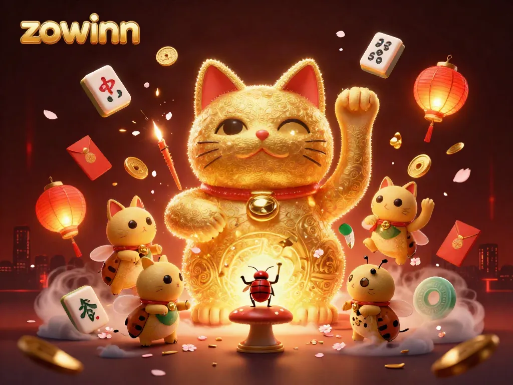 Zowinn showcases a vibrant 3D scene of a lucky cat and casino symbols, highlighting thrilling gameplay for online gamblers.