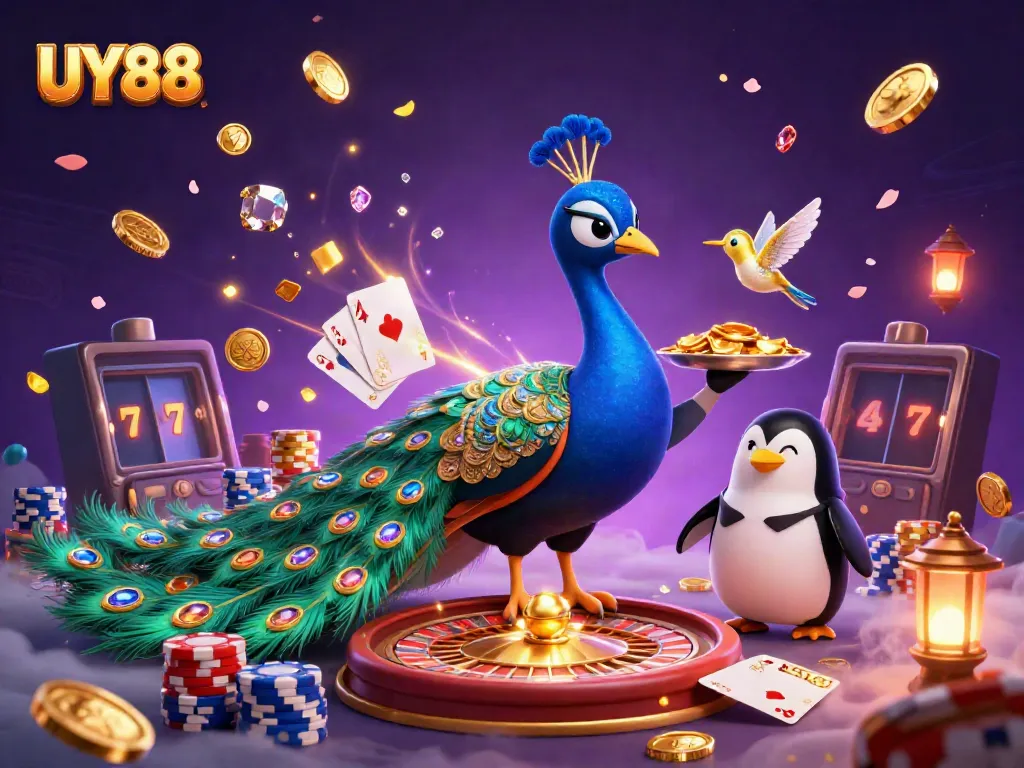 Experience thrilling gameplay with UY88 in a vibrant 3D casino scene filled with excitement.