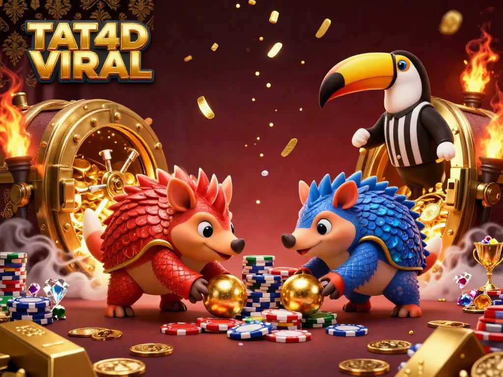 TAT4D VIRAL showcases a vibrant casino scene with rival pangolins competing in a poker-themed bowling game.