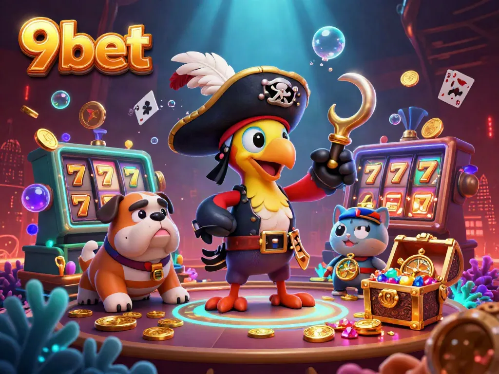 Experience the thrilling world of 9bet with a vibrant 3D casino-themed illustration featuring a pirate captain and his crew.