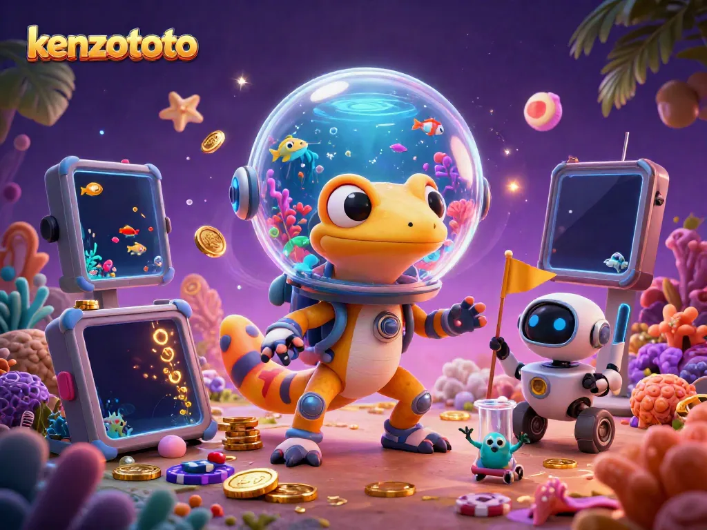 Kenzototo brings excitement with a Martian gecko and colorful fish shooting game elements in an underwater scene.