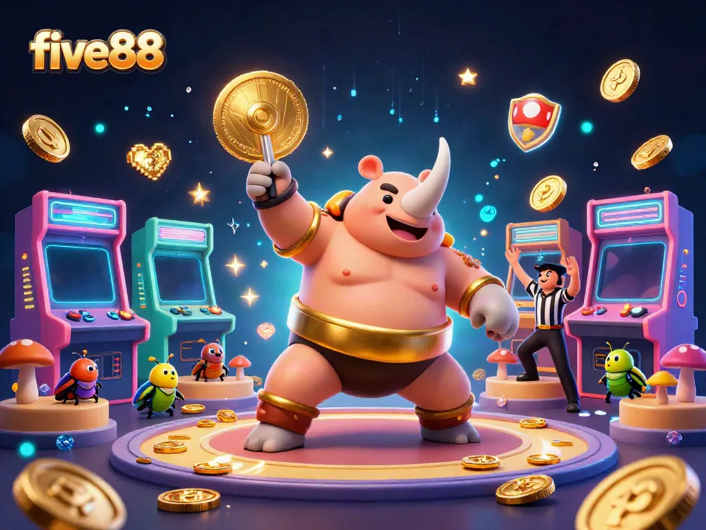 Experience thrilling gameplay at five88 with a cartoon rhinoceros beetle champion amidst flying coins and arcade elements.