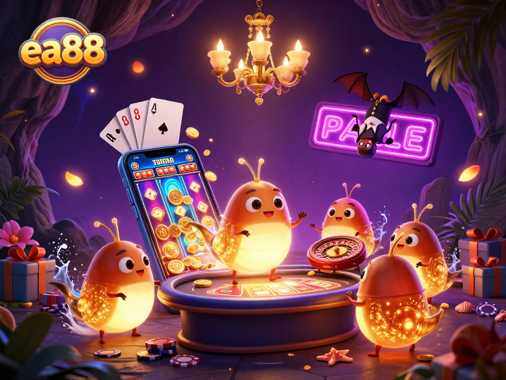 ea88 promo scene with glowworms and bat dealer enhancing casino atmosphere featuring slot game