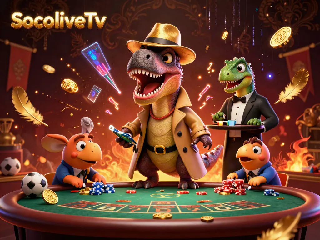 Experience live betting action with SocoliveTv in a dynamic illustration featuring playful dinosaur characters.