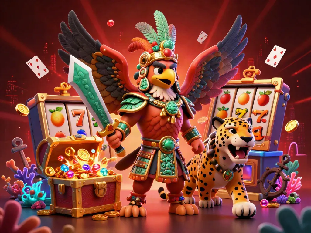 Experience the thrill of sunwin with a dynamic scene showcasing Aztec warriors and slot machine elements.