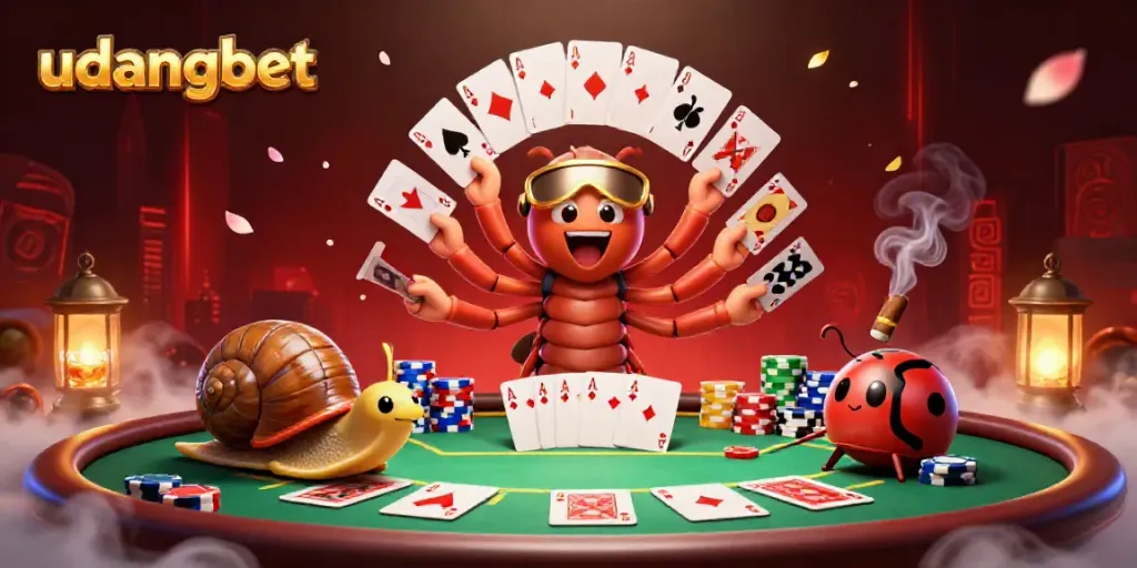 Engage with udangbet's vibrant casino scene featuring a cartoon millipede dealer at a poker table.