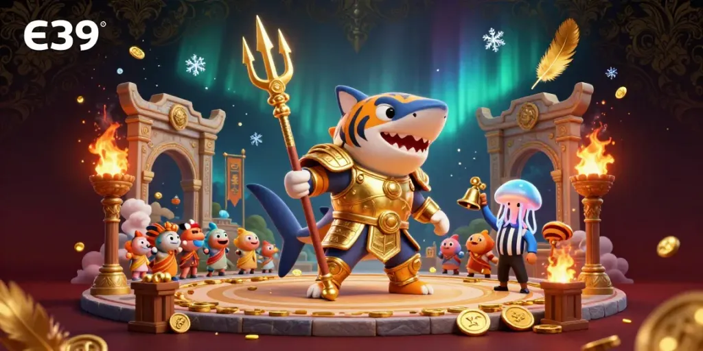 Experience thrilling underwater casino action with the ferocious e39 gladiator shark amidst vibrant game elements.