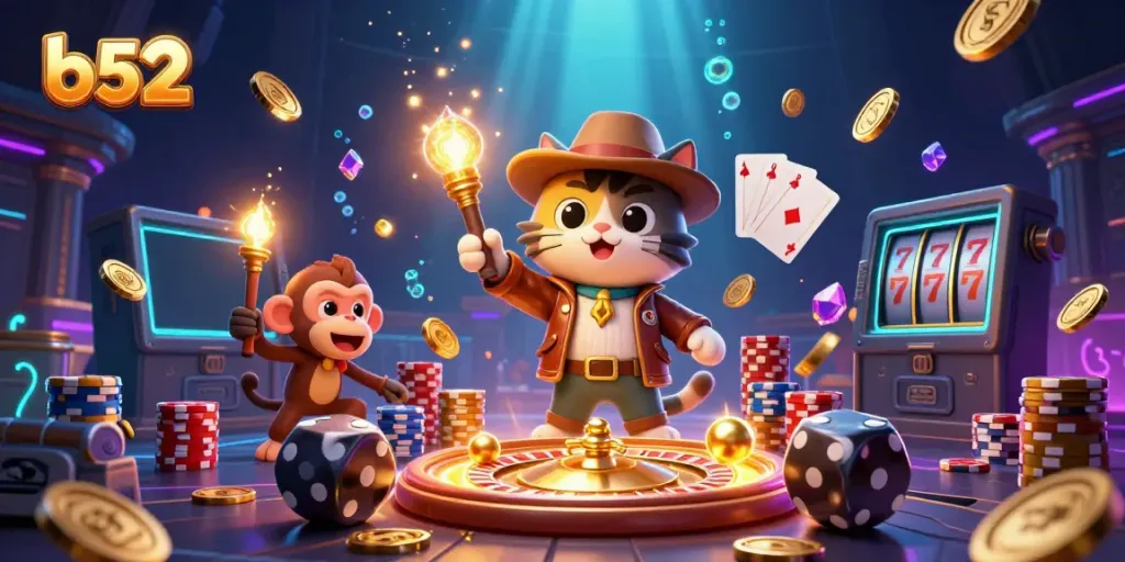 Engage with b52's thrilling casino adventure featuring an explorer cat and treasures.