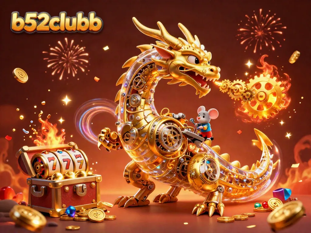 Spin the reels at b52clubb with a golden dragon and treasures in a vibrant casino scene