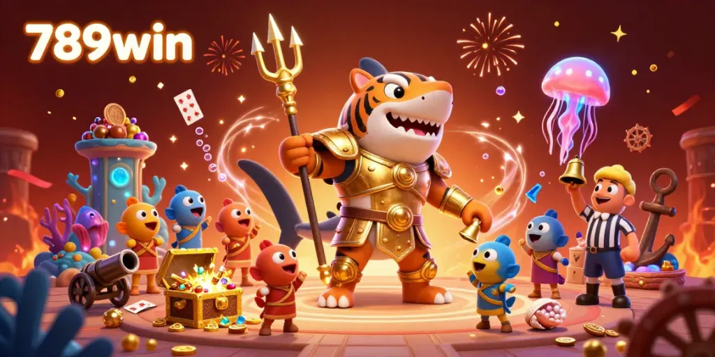 Experience thrilling underwater battles at 789win with this vibrant casino scene featuring a golden gladiator tiger shark.