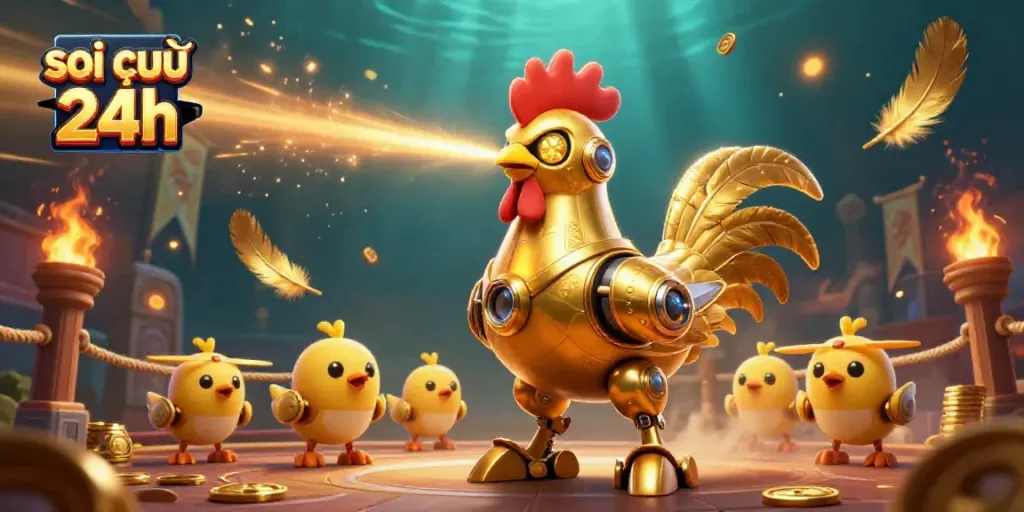 Soi cầu 24h showcases a dynamic scene with a golden rooster robot and chick drones in a vibrant casino arena.