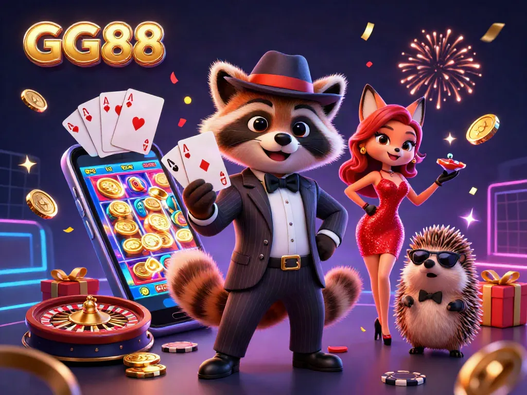 Engage with GG88's thrilling online casino atmosphere featuring winning cards, rich decorations, and dynamic gaming elements.