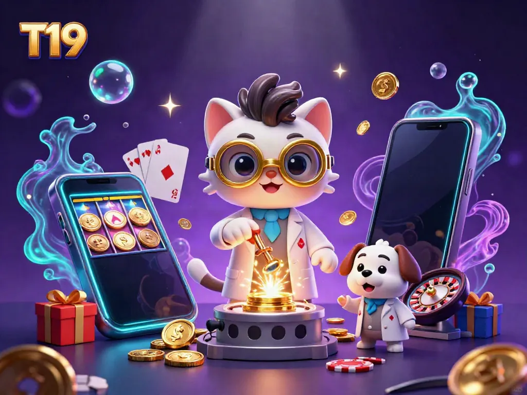 Experience the excitement of T19 with a vibrant 3D casino scene featuring creative characters and casino elements.