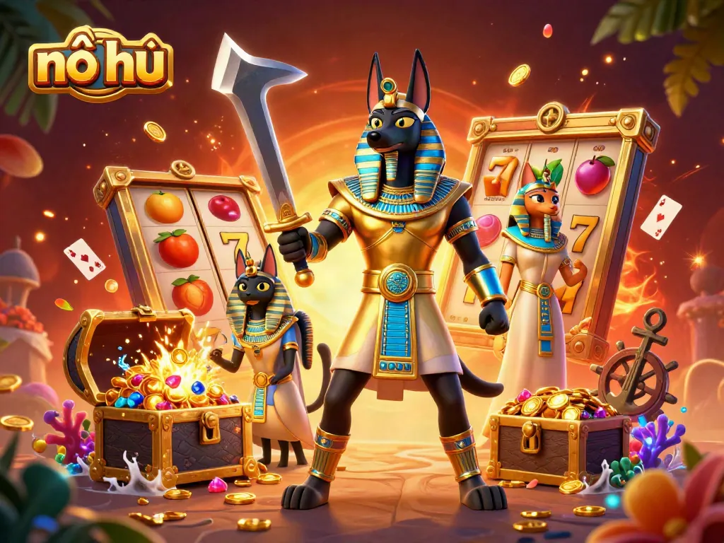 Experience the thrilling nổ hũ action with dynamic slot reels and ancient Egyptian characters.