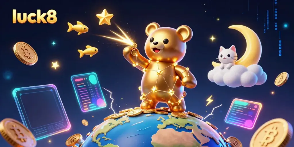 Exciting luck8 adventure with a constellation bear gathering coins amidst animated casino elements