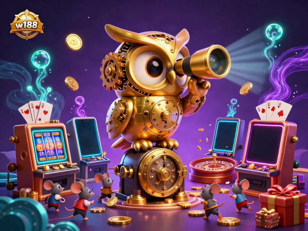 Experience the excitement at w188's casino with all-action 3D scene featuring a clockwork owl and vibrant games.