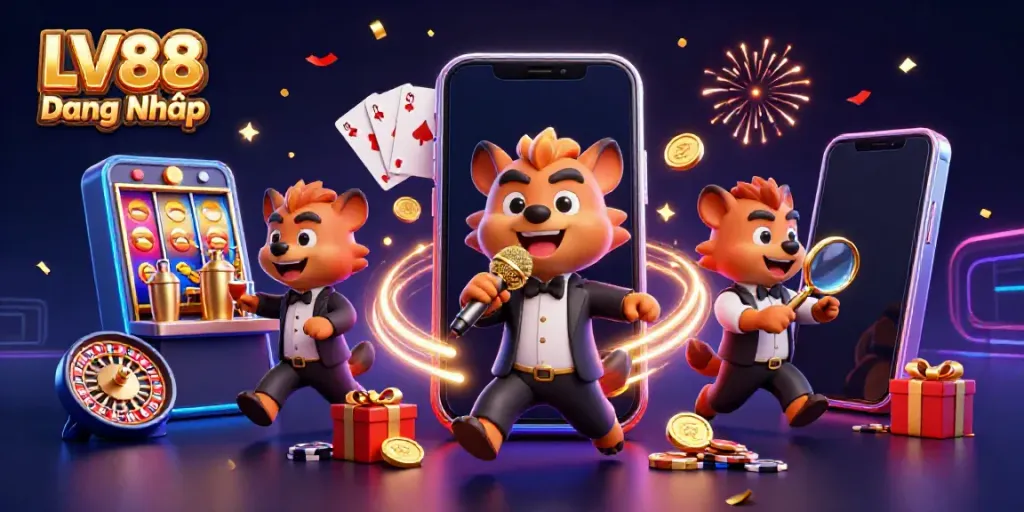 Engage with the vibrant world of LV88 Đăng Nhập as hyenas entertain in a lively casino scene.