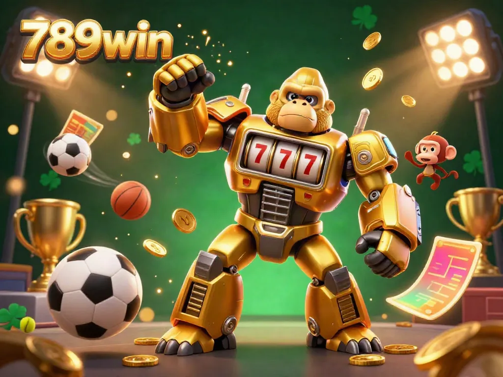Experience the thrilling world of 789win with a vibrant 3D gorilla mech, sports elements, and jackpot excitement.