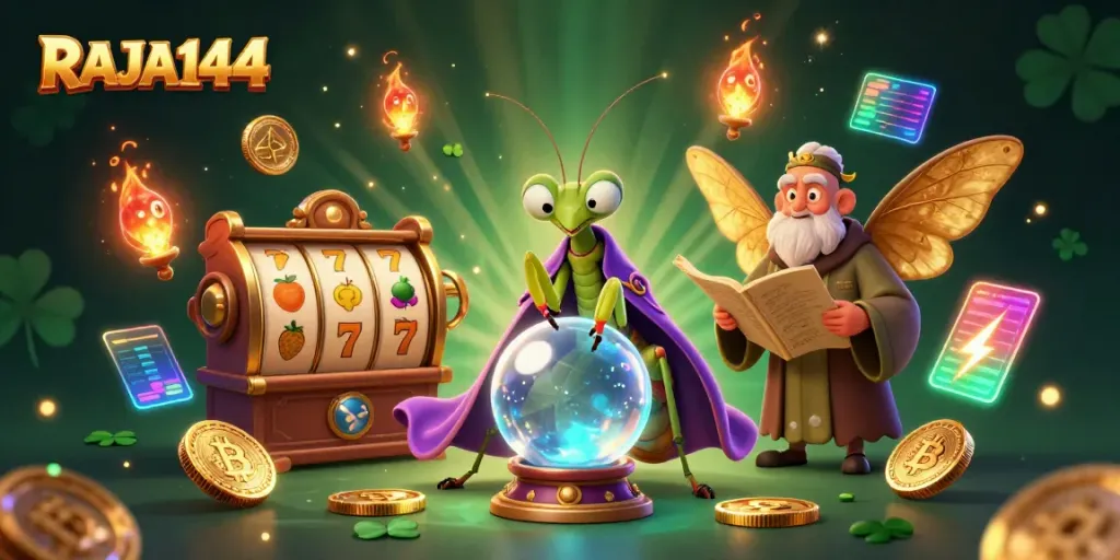Engage with RAJA144 through a vibrant casino scene featuring mystical characters and dynamic slot elements.