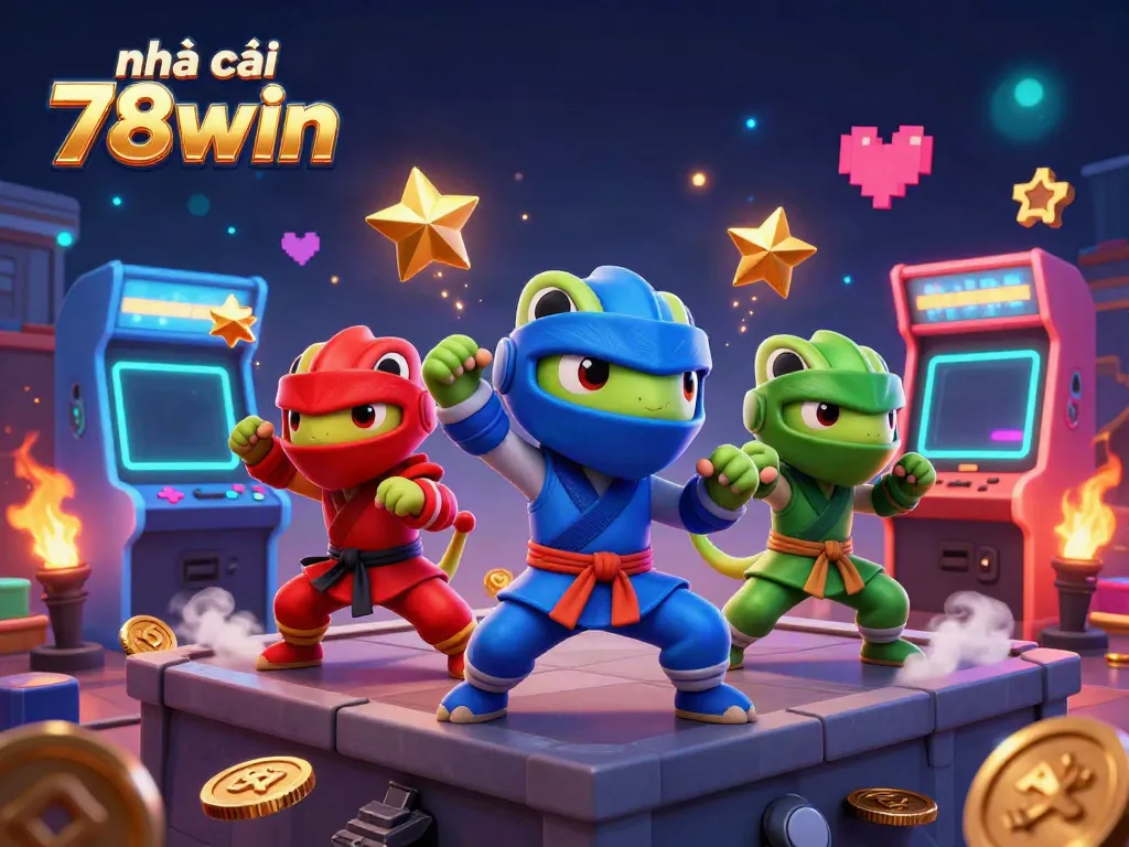 Join the action at nhà cái 78win with ninja chameleons amidst glowing casino games and vibrant colors.
