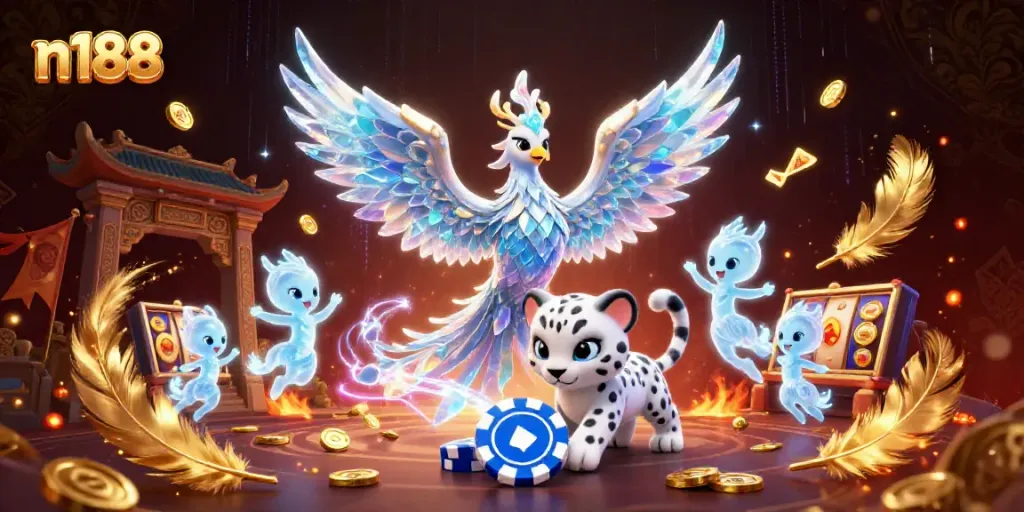 Play slots and win at n188 with an enchanting ice phoenix and playful scenes from an online casino.