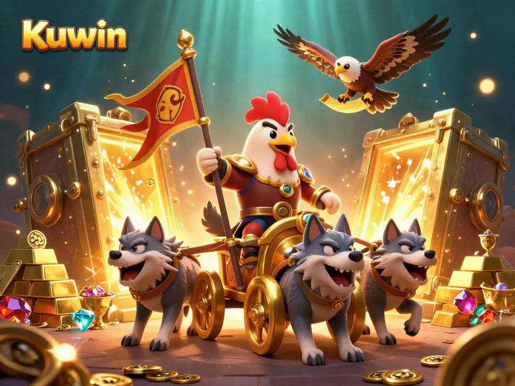 Kuwin's dynamic gaming scene featuring a golden war chariot amidst treasures, reflecting the excitement of online betting.