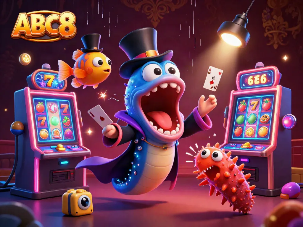 Win big at ABC8 with a thrilling scene capturing a magician eel, spotlight fish, and gambling elements in action.