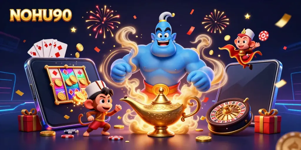 Engage with NOHU90's vibrant casino scene featuring a genie, monkey, and playful slot elements.