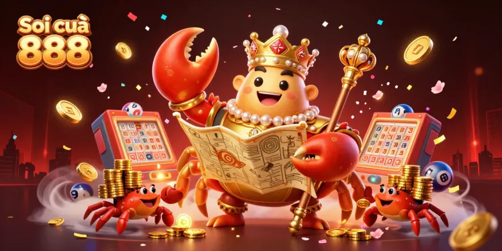 Soi cầu 888 shines in a vibrant lottery scene with a golden crab emperor, showcasing exciting winning numbers.