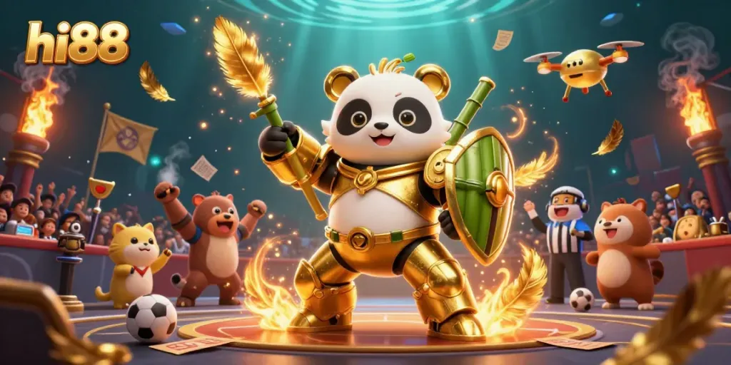 Engage in thrilling betting action with hi88's golden panda pilot amidst an exciting sports arena.