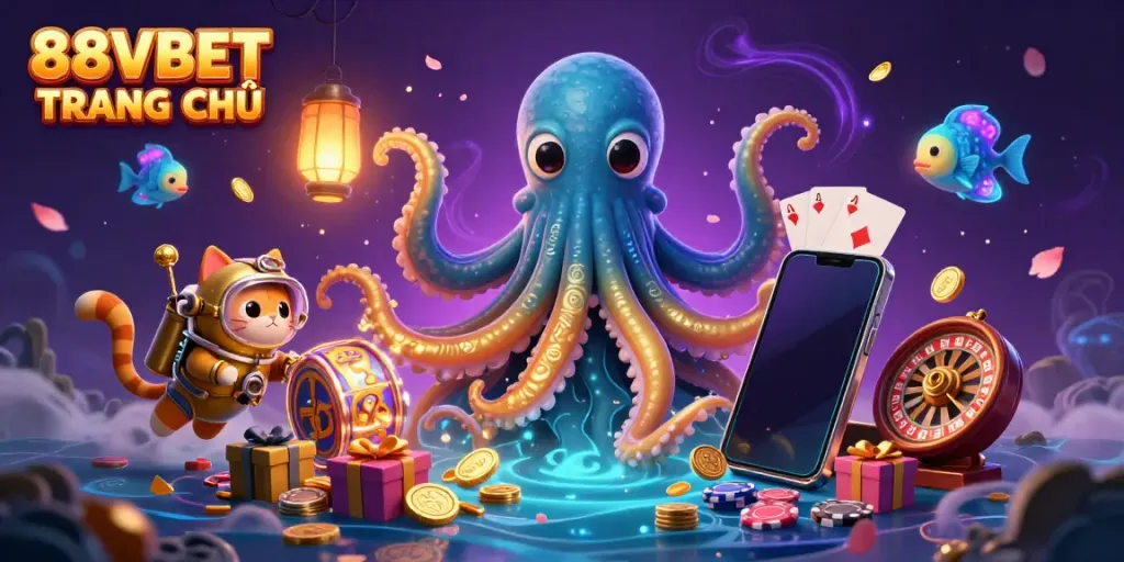 Experience the vibrant excitement of 88VBET TRANG CHỦ with a colossal kraken, a diving cat, and thrilling casino elements.