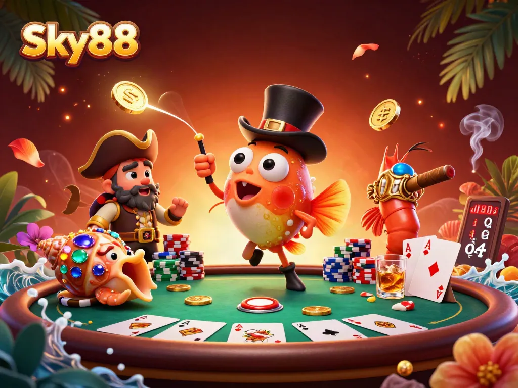 Sky88 brings excitement as the anglerfish and friends play poker, attracting golden coins.