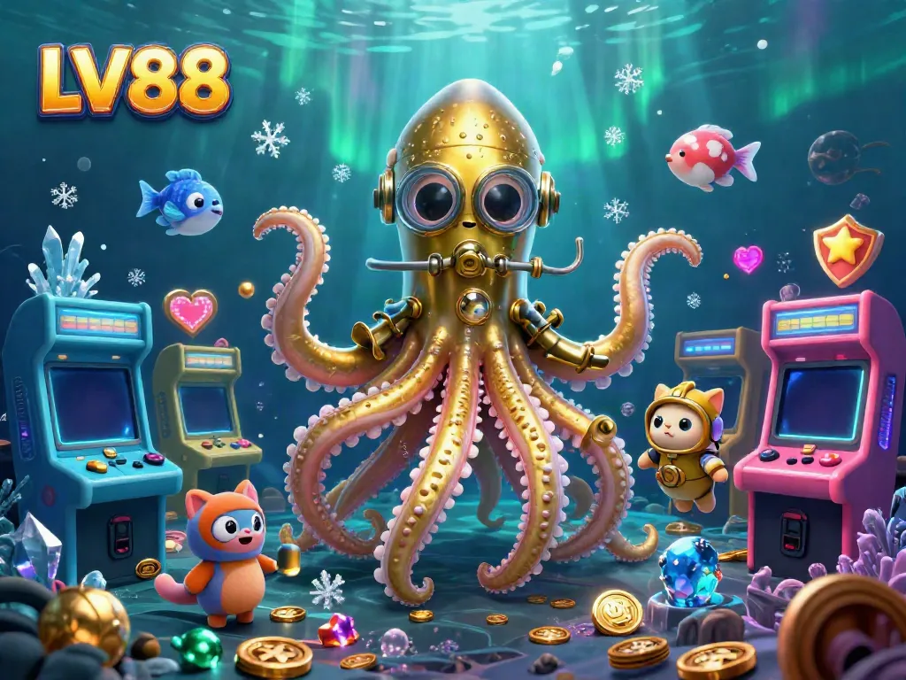 Experience the thrilling LV88 casino adventure with a colossal kraken and a diving cat amid treasure and games!