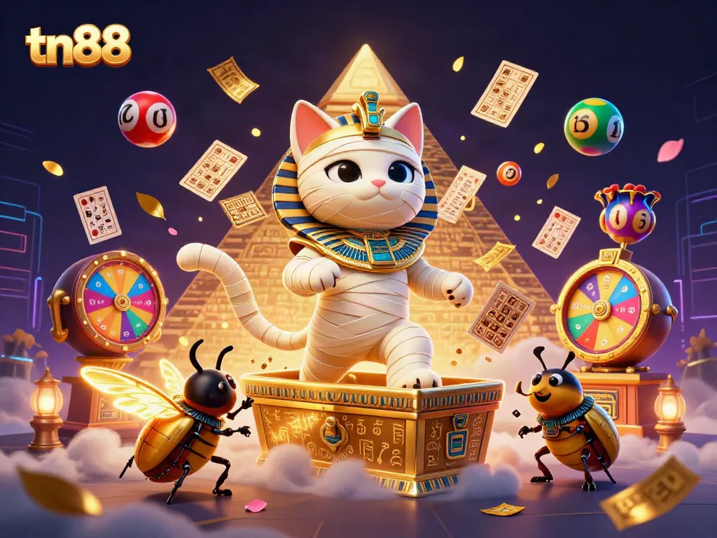 Experience exciting gameplay with tn88 as an animated Egyptian mummy cat reveals treasures in a vibrant casino.