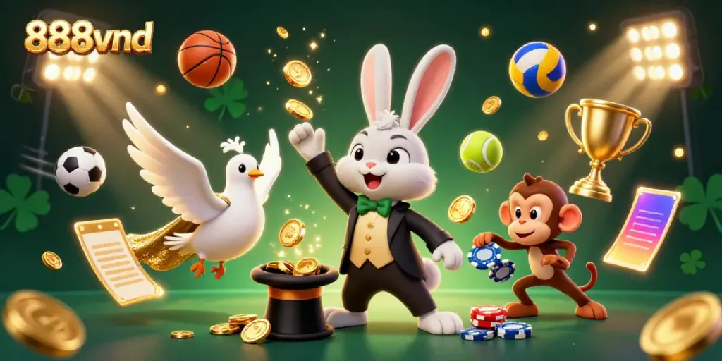 Experience the magic of 888vnd with a thrilling casino scene featuring vibrant characters and dynamic sports elements.