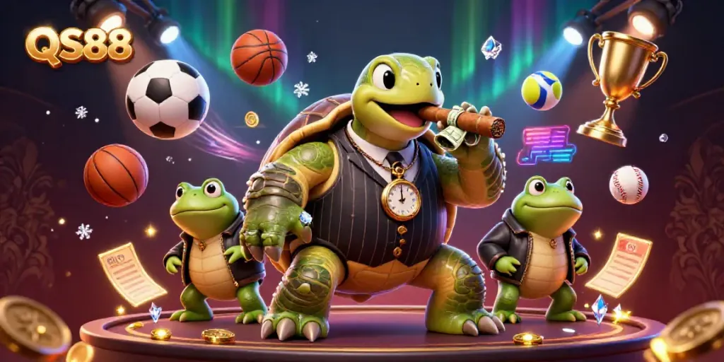 Join the thrilling QS88 gaming adventure with a massive snapping turtle and bullfrog enforcers in a vibrant casino.