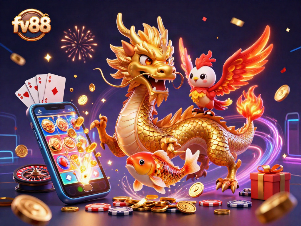 Experience the thrill of fv88 with a vibrant 3D illustration showcasing casino excitement and joy.