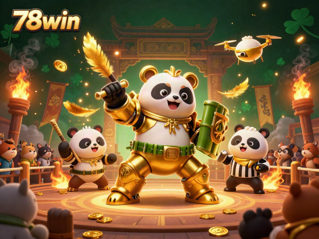 Witness thrilling action at 78win with a mech-suit panda and vibrant casino elements.
