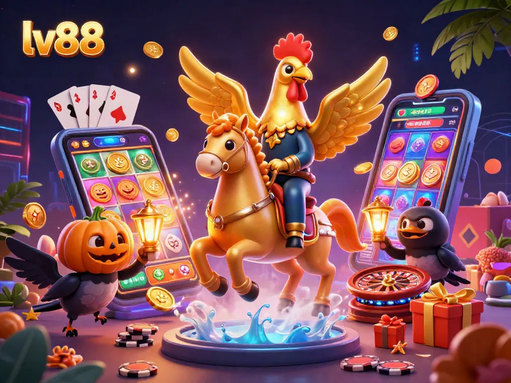 Experience thrilling gaming at lv88 with a golden rooster in a vibrant casino environment.