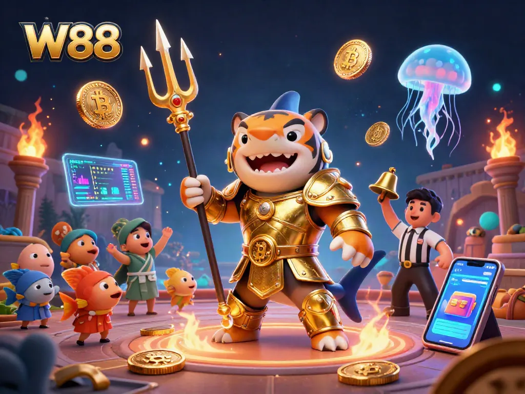 W88 casino experience with a golden gladiator shark and crypto illustrations for exciting gameplay.